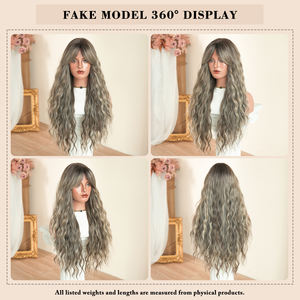 Peluca de Cabello Sintético Largo y Ondulado de 30 Pulgadas, Color Castaño Ceniza con Reflejos Rubio Claro, con Flequillo Cortina, Fibra Resistente al Calor, Aspecto Natural Mate - Product Image 5