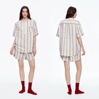 Ensemble pyjama pour femmes en coton 100% à manches courtes et shorts, imprimé floral rayé, coupe slim, col rond, pyjama d'été