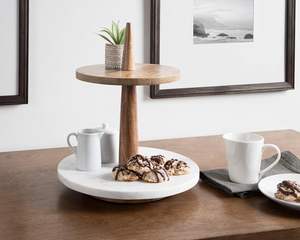 Modern 2 Katlı Yuvarlak Masif 12 X 12 X 15 Doğal Ahşap Beyaz Mermer Dekoratif Servis Sunum Standı - Product Image 2