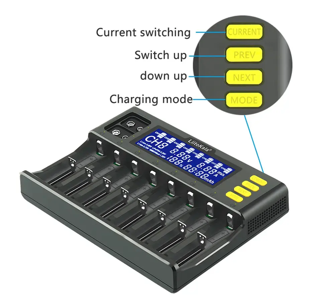 LiitoKala 8-Slot Smart Battery Charger, LCD Display Multi-Mode 18650 Lithium Battery Charger with Current Adjustment