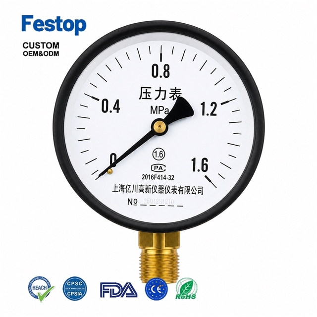 Dry General Pressure Gauge 1.6 Accuracy Grade Black Steel Case Brass Thread Connection 0-1.6MPa