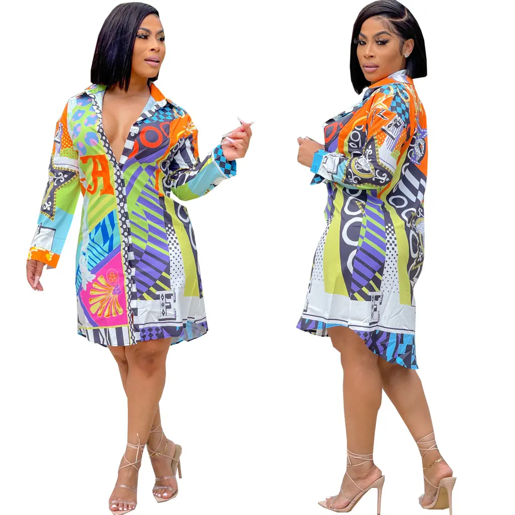 Enyen 2023 New Arrivals women clothes ladies tops fashion print Long Sleeve shirts dress for women