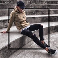 Nouveaux hommes noir Denim genou déchiré fermeture éclair pantalon mode tendance Stretch Skinny Jeans décontracté épée nuage Leggings