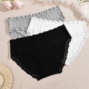 Wholesale Solid Color Panties Soft Vertical Strip Cotton Full Lace Waist &amp; <strong>Leg</strong> <strong>Opening</strong> Mid Rise Daily <strong>Women</strong> Underwear - Product Image 1