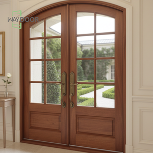 Porte d'entrée courbée en bois massif de chêne africain et acajou sur mesure avec inserts en verre pour entrée résidentielle, portes doubles arquées en bois - Product Image 2