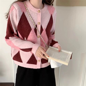 Cárdigan de Punto con Bloques de Color en Forma de Rombo y Cuello Redondo para <span class=keywords><strong>Mujer</strong></span>, Estilo Otoño-Invierno, Casual - Product Image 3