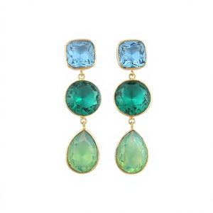 Boucles d'oreilles pendantes de luxe plaquées or 18 carats avec cristaux bleus taille coussin, ovales verts et strass en forme de goutte pour femme, bijoux de soirée - Product Image 1