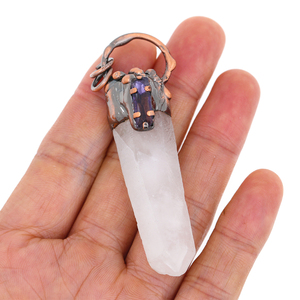 Vente en gros pendentif bâton de quartz en cristal de roche naturel breloque pierre de guérison améthyste soudée fournitures de fabrication de bijoux en cuivre antique - Product Image 3