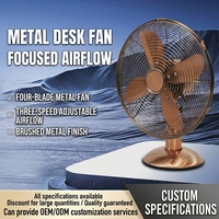 Ventilateur de table vintage en métal à 4 pales en aluminium de 10 pouces, mécanique, 3 vitesses, fonctionnement silencieux, luxe pour la maison, cuivre antique, salon