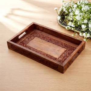 Plateau décoratif en bois fait main, rectangulaire, avec motif floral sculpté, avec poignée, style traditionnel, pièce unique - Product Image 1