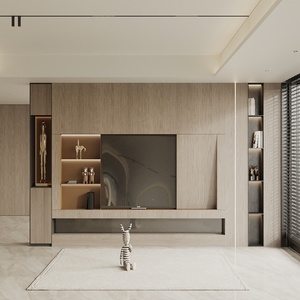 Mueble <span class=keywords><strong>de</strong></span> <span class=keywords><strong>TV</strong></span> <span class=keywords><strong>de</strong></span> Pared Completo, Minimalista y Moderno, con Chapa <span class=keywords><strong>de</strong></span> Madera Clara y Estantes LED - Product Image 1