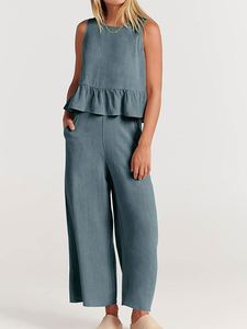 Completo Casual Estivo 2026 da <span class=keywords><strong>Donna</strong></span>: Gilet Senza Maniche e <span class=keywords><strong>Pantaloni</strong></span> a Gamba Larga a Tre Quarti, Stile Europeo e Americano - Product Image 4