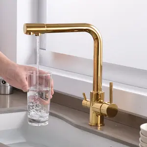De gros double robinet or-Rozin — robinet de cuisine en laiton avec filtre, eau purification en or, à double poignée, 3 voies