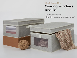 Caja <span class=keywords><strong>de</strong></span> almacenamiento <span class=keywords><strong>de</strong></span> cubierta <span class=keywords><strong>de</strong></span> ventana <span class=keywords><strong>de</strong></span> lino y algodón con dos asas, organizador <span class=keywords><strong>de</strong></span> <span class=keywords><strong>ropa</strong></span> plegable rectangular para armarios, técnica tejida - Product Image 4