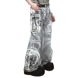 HEZ Denim Garment Factory Benutzer definierte Graffiti bedruckte Jeans Jeans Hand bürste Loose Baggy Wide Leg Denim Pants Herren