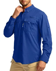 Chemises de pêche à manches longues à séchage rapide avec poche pour hommes Logo personnalisé pêcheur boutonné vers le haut bleu royal Spf50 protection UV