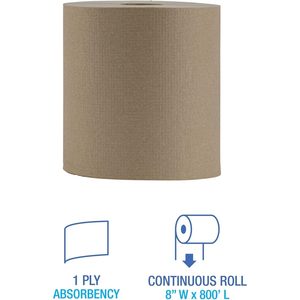 Serviettes en papier non perforées à usage intensif Boardwalk 1 pli, 8 po x 800 pi, naturelles, 6 rouleaux/carton, jetables - Product Image 1