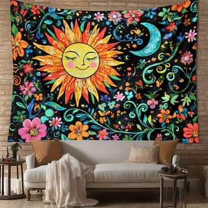 Tapisserie Mystique Hippie Soleil et Lune - Mandala Floral Bohème Esthétique, Décoration Murale Bohème Parfaite pour Chambre et Noël - Product Image 3