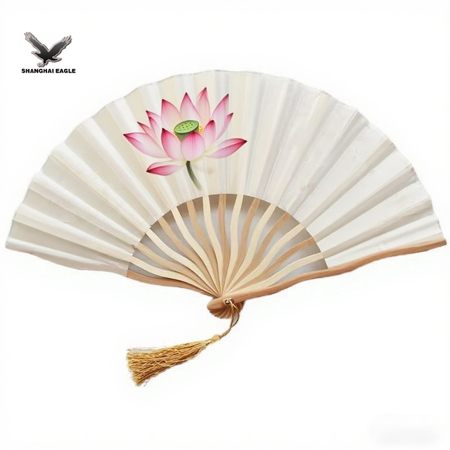 Elegant White Silk Love Portable Folding Fans Folk Art Wedding Gift Bamboo Painted Flower Design