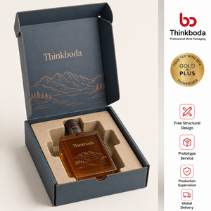 Boîte cadeau rigide bleu marine personnalisée professionnelle avec estampage à chaud en cuivre motif paysage montagneux pour emballage de whisky 750 ml - Product Image 1