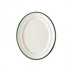 Assiette ovale en émail blanc avec bord vert, dernier design, vaisselle plate décorative, assiette de service en émail pour aliments - Product Image 1