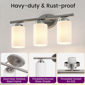 Accesorios <span class=keywords><strong>de</strong></span> iluminación <span class=keywords><strong>de</strong></span> tocador <span class=keywords><strong>de</strong></span> <span class=keywords><strong>baño</strong></span> <span class=keywords><strong>de</strong></span> 3 luces <span class=keywords><strong>de</strong></span> níquel cepillado contemporáneo sobre candelabro <span class=keywords><strong>de</strong></span> pared <span class=keywords><strong>de</strong></span> espejo con pantallas <span class=keywords><strong>de</strong></span> vidrio esmerilado - Product Image 5