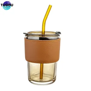 En stock vente en gros de 400ml gobelet à eau en verre à joint en bambou avec couvercle et paille