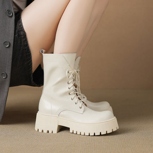 Botines de Piel Auténtica de Alta Calidad, Estilo Coreano, Otoño/Invierno 2025, Nuevos, Simples, Versátiles, con Cordones Delanteros y Tacón Alto - Product Image 3