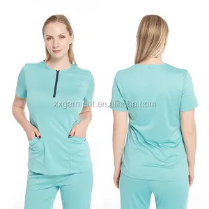 Custom Antimicrobial Scrubs Round-Neck With Zip Polyester T-Shirt Nurse Uniform