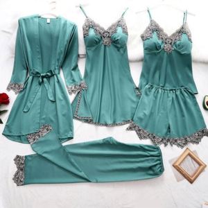 Conjunto de Lencería Sexy de Cinco Piezas de Satén para Verano, con Tirantes, Cierre Elástico en la Cintura, Largo hasta la Rodilla, Pijama para Mujer - Product Image 6