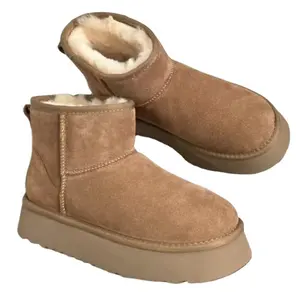 HQB-WS256 Wholesale Genuine Double Face Sheepskin Boots Woman Factory Custom Sheepskin Snow Boots With Thick Soles