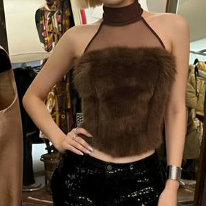 Top sin mangas sexy con cuello alto y diseño de malla con peluche, estilo urbano y moderno - Product Image 3