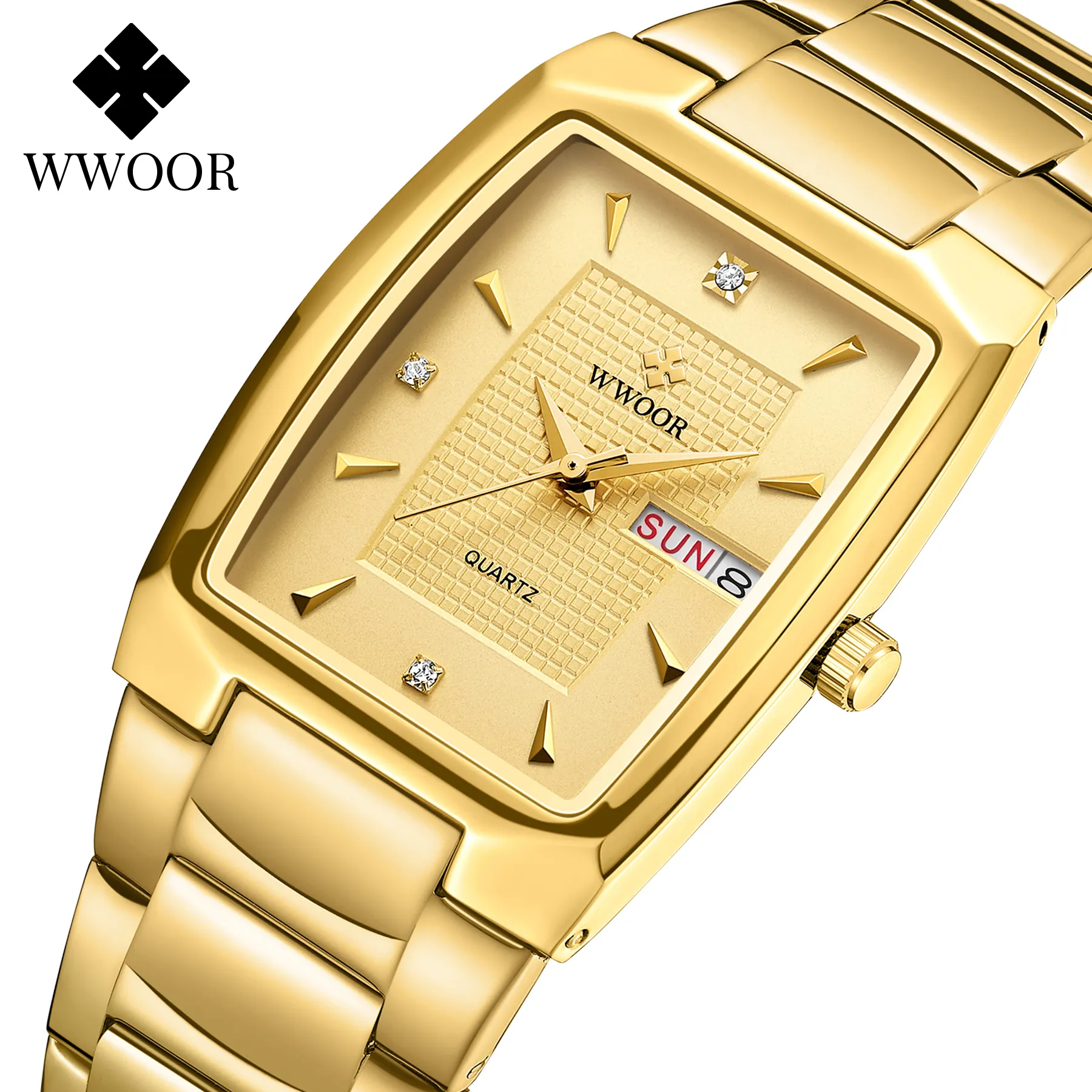 WWOOR High Quality Minimalist Square Waterproof Quartz Watch Stainless Steel Gold Watches Men Wrist Clock with Week Calendar