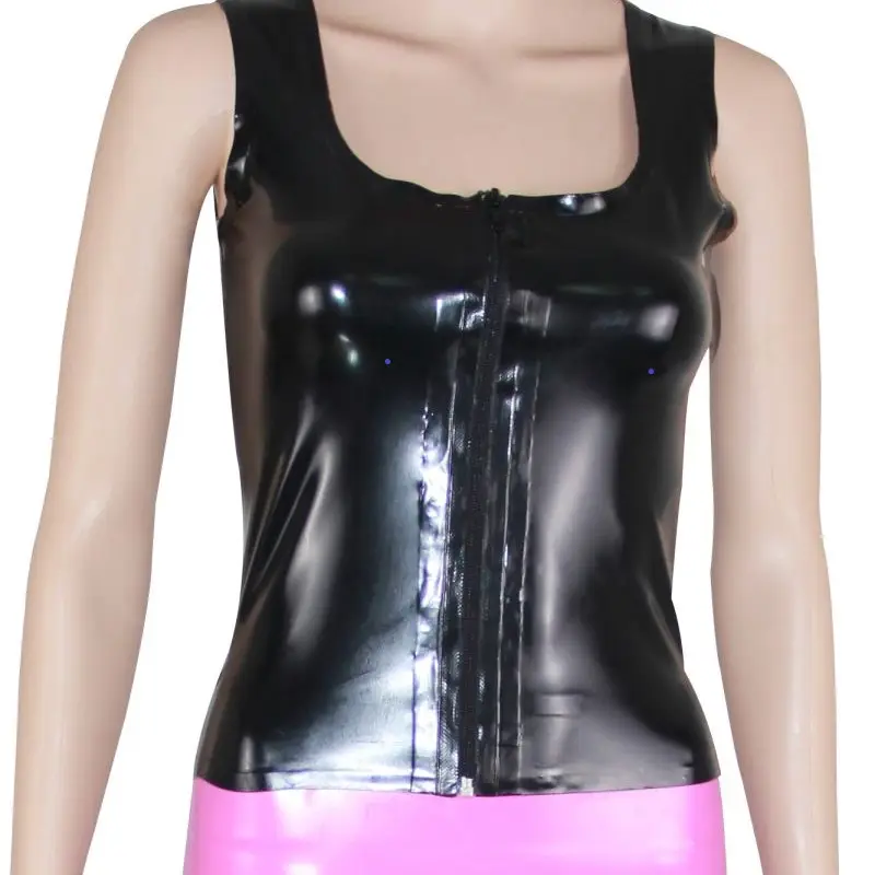 Sexy Pink Black Latex terno separado Gummi Two Piece set Vest Tank top Saia de borracha Camisa do vestido Playsuit catsuit plus size TZ-007