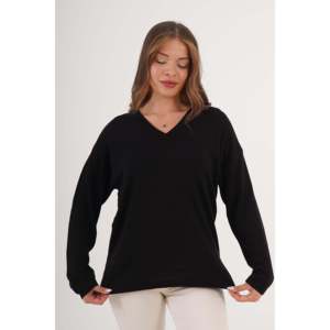 Suéter de Punto Negro Informal de Estilo Coreano para Mujer, Cuello en V y Aberturas Laterales, Talla XS, Suéter de Invierno con Logotipo Frontal - Product Image 5