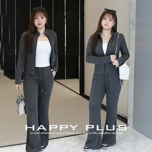 Ensemble pantalon évasé en tricot Happy Plus pour femme grande taille, pantalon rayé gris et haut de couleur unie avec détail fermeture éclair, collection automne - Product Image 4