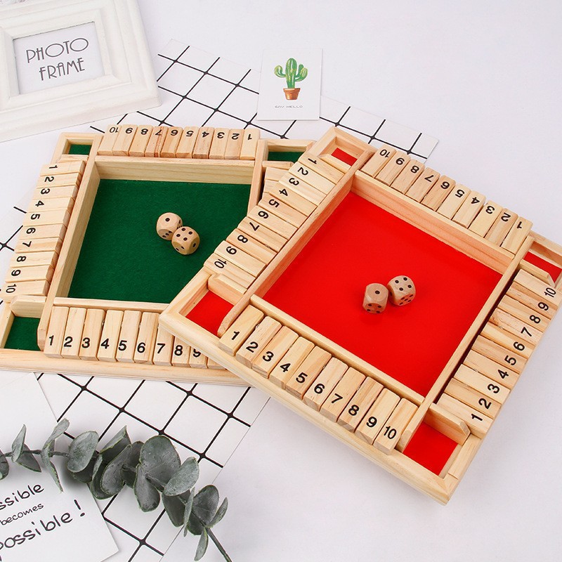 Shut The Box Game Wooden - 4 Sided Wooden Dice Board Game For 2-4