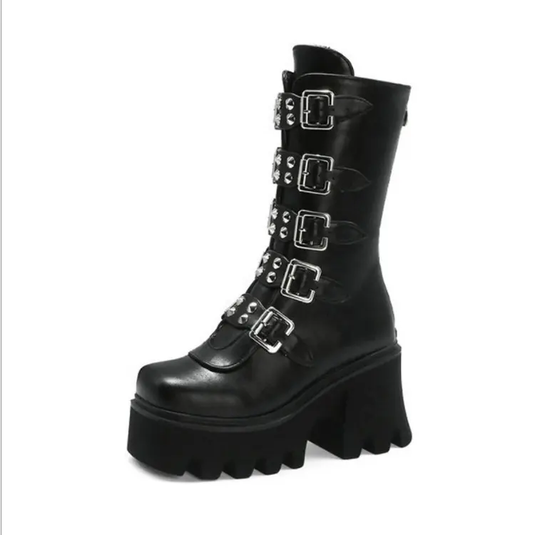 Winter Gothic Punk Womens Platform Boots Black Buckle Strap zipper Creeper demonia Wedges Shoes Combat Boots Designer