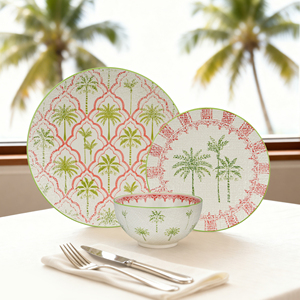 Service de table en porcelaine 18 pièces motif palmier tressé, <span class=keywords><strong>assiettes</strong></span> et bols en céramique avec impression 3D en relief effet panier tressé - Product Image 1