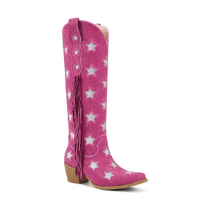 Stivali al Ginocchio da <span class=keywords><strong>Donna</strong></span> WETKISS con Tacco Spesso Personalizzato e Strass, Stivali da Cowboy con Cristalli, Stivali Western <span class=keywords><strong>Rosa</strong></span> con Frange e Stelle - Product Image 1