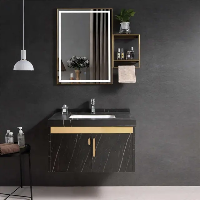 2022 new arrival bathroom cabinet stainless steel modern floating washroom sink vanity with mirror