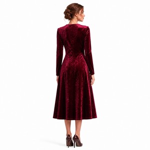 Custom 280GSM Crushed <strong>Velvet</strong> <strong>Long</strong> Sleeve V Neck Lace Trim Women Midi Homecoming <strong>Dress</strong> Royal Chelsea Aristocratic Style OEM - Product Image 3
