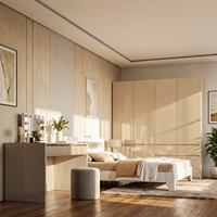 Ensemble de chambre moderne et minimaliste : Lit en bois, armoire de rangement complète, coiffeuse avec miroir éclairé – Mobilier pour petite chambre principale ou hôtel