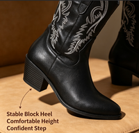 Bottes de cowboy rétro pour femmes, en cuir PU à motif uni, avec broderie épaisse de 5 cm, style coréen, mi-mollet, type bottes du désert