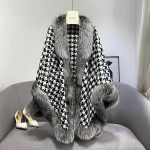 wholesale winter custom silver fox fur trimed wool scarves shawl real wool scarf fox hair scarf shawl girl