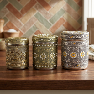 Oriental Engraved Stainless steel spice Containers Set With Lid Round Design <b>Storage</b> <b>Boxes</b> For <b>Kitchen</b> Use - Product Image 3