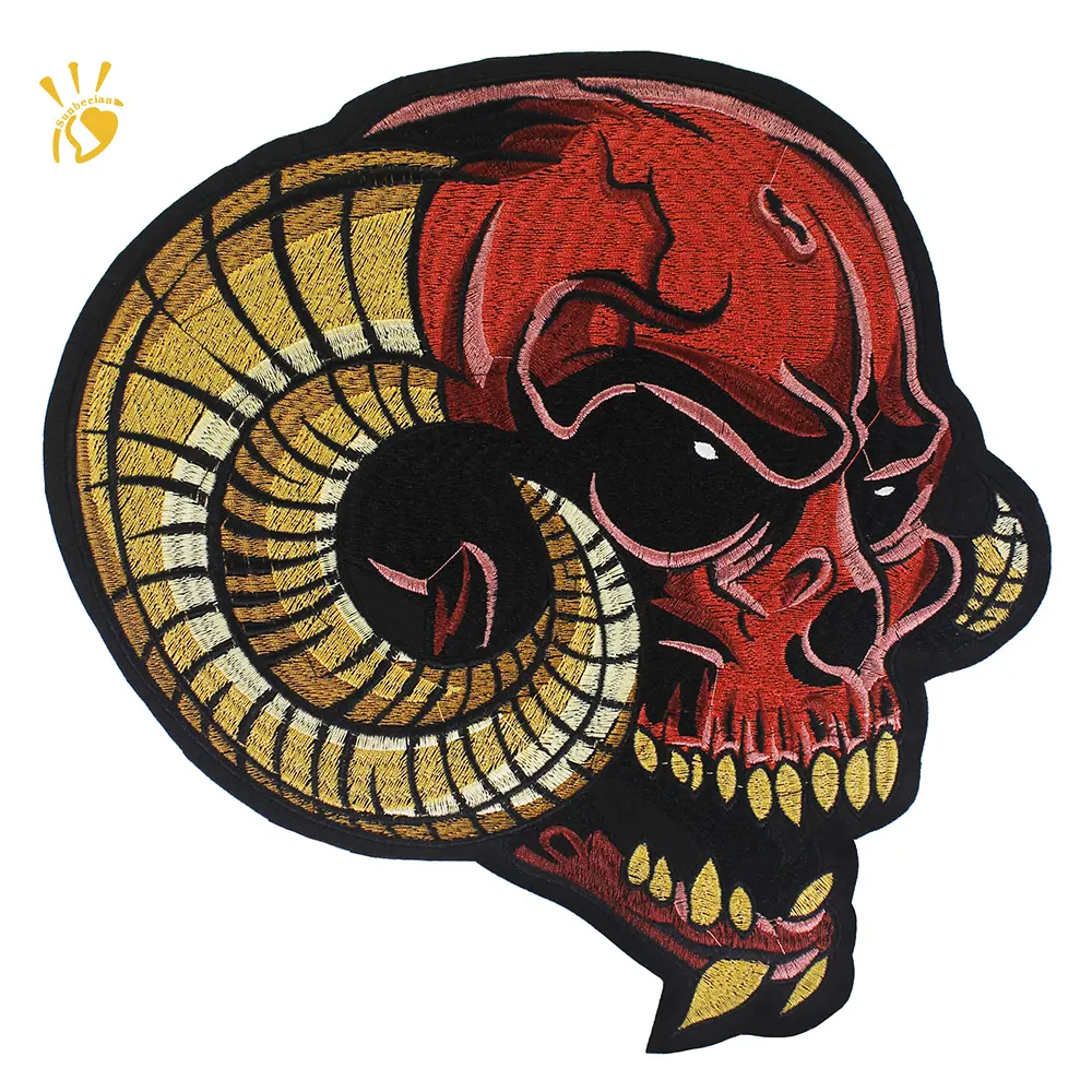 Schaf horn Patches Red Skull Stickerei Applique Stoff Patches Aufbügeln Aufkleber für MC Club Jacke Custom ized OEM Emblem