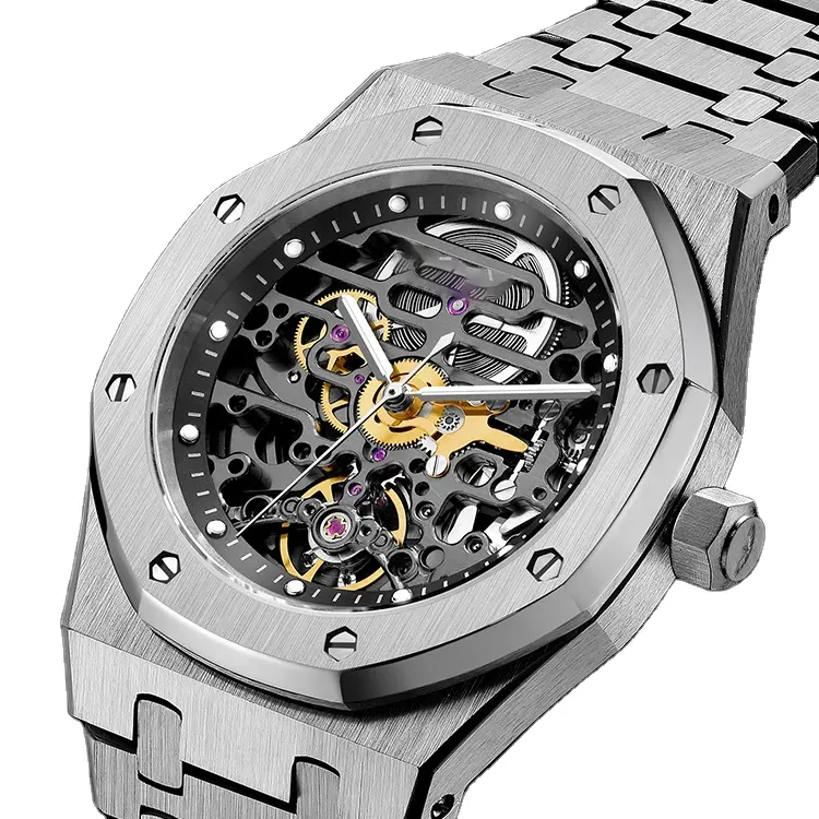 Custom logo luxury all solid stainless steel brush skeleton mechanical automatic wrist watch for man