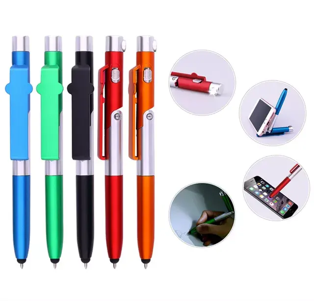 4 in 1 fonksiyonları katlanır cep telefonu için kıskaç tutucu gümüş varil plastik büküm açık siyah lastik ucu itme meşale led stylus kalem