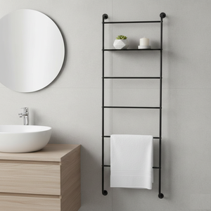 Elegante Toallero Negro con Forma de Escalera, Construcción de Hierro y Estante de Almacenamiento para Colgar Toallas y Artículos de Baño - Product Image 3